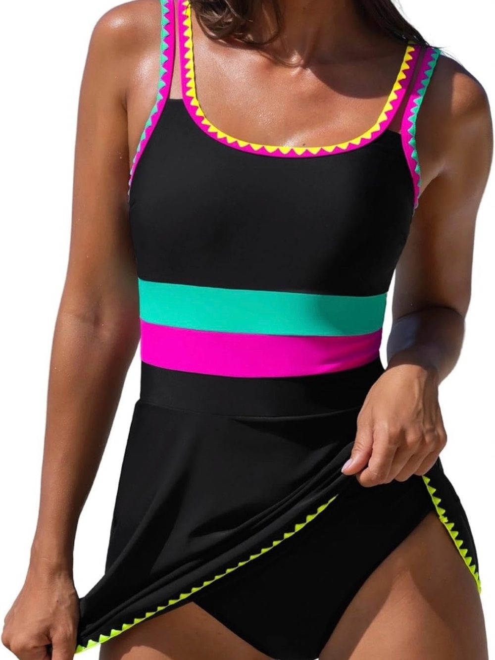 Black One-Piece Swimdress with Pink and Teal Bands